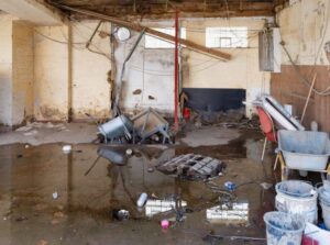 Basement flood cleanup service removing standing water and drying a flooded basement