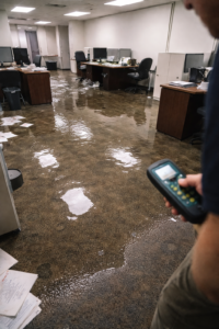 Standing water across office floor with desks and scattered papers while technician inspects damage in a commercial space in Layton Utah