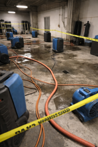 Water damage restoration equipment including dehumidifiers and air movers scattered across a wet commercial floor with hoses and caution tape during drying process in Layton Utah