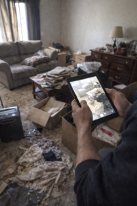 Technician using tablet to document damaged furniture and belongings scattered in a water damaged room in Layton Utah home