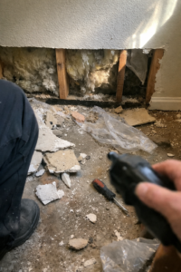 Exposed wall cavity with wet insulation and wooden studs while technician checks moisture during water damage restoration in Layton Utah home