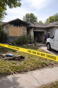 Fire damaged residential home with charred roof and boarded window with debris in yard and technicians in background in Layton Utah