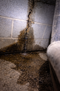 Water leaking through a cracked concrete block foundation wall with visible moisture and mineral staining on basement floor in Layton Utah