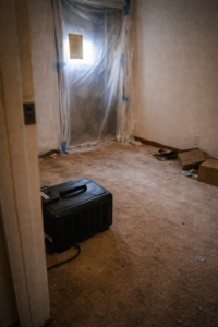 Air treatment machine placed on floor in partially sealed room with plastic doorway and light debris during odor removal process in Layton Utah home