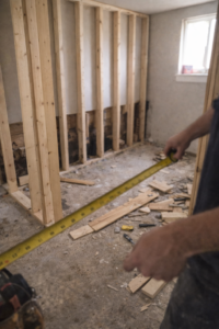 New wall framing with exposed studs and debris on floor while technician measures during reconstruction in a Layton Utah home
