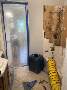 Mold remediation containment in Layton UT bathroom with HEPA scrubber