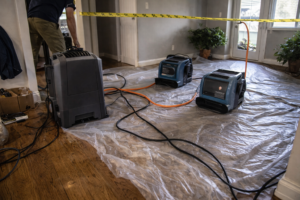 Dri-Eaz Revolution LGR dehumidifier and Phoenix AirMAX air movers running on plastic sheeting in a residential living room during water damage restoration in Layton Utah