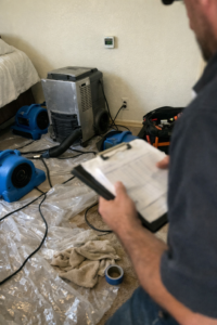 Water damage restoration equipment including dehumidifier air movers and data logger monitoring humidity levels in a residential bedroom during drying process in Layton Utah