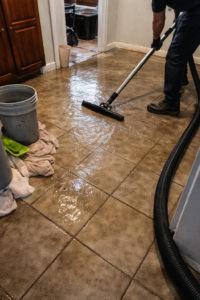 Technician using extraction tool to remove standing water from tile floor with bucket and towels during water damage cleanup in a Layton Utah home